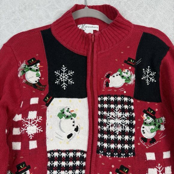 Vtg Holiday Sweater Womens L Red Full Zip Christmas Winter Snowman Grandma 90s - Picture 3 of 12
